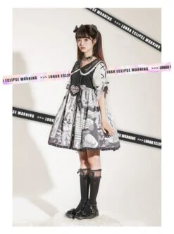 Little Tengu Series OP Doll Collar Printing Black Cute Gothic Lolita Short Sleeve Dress -NAUS Lolita Shop 4 500x672 124