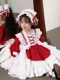 White Lace Gorgeous Palace Princess Dress Stitching Lantern Sleeves Spring Autumn Wine Red Classic Lolita Kids Long-Sleeved Dress -NAUS Lolita Shop 4 500x672 1246