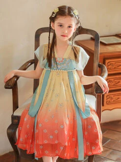 Chinese Style Flowy Vintage Silk Streamers Exquisite Embroidery Pearl Decoration Gradient Hem Kids Dress -NAUS Lolita Shop 4 500x672 1249