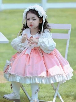 Pink-White Velvet Round Neck Bow Lace Stitching Lantern Sleeves Lotus Leaf Cute Sweet Lolita Kids Autumn Winter Long-Sleeved Dress -NAUS Lolita Shop 4 500x672 1253