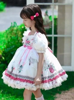 Retro Court Flowers Leaf Square Collar Elegant White Lace Ruffles Classic Lolita Kid Puff Sleeves Girl Dress -NAUS Lolita Shop 4 500x672 1254