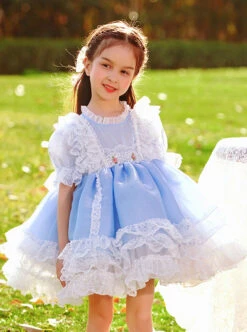 White Lace Pattern Embroidery Layered Hem Blue Simple Classic Lolita Three-Dimensional Pink Flower Decoration Short Sleeve Kid Princess Dress -NAUS Lolita Shop 4 500x672 1256