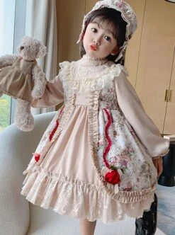 Red Rose Print Lace Decoration Stand Collar Lantern Sleeve Sweet Lolita Kids Long Sleeve Dress -NAUS Lolita Shop 4 500x672 1257