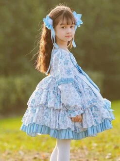 Pastoral Style Blue Floral Mosaic Lantern Sleeve Love Bow-Knot Decoration Spring Autumn Classic Lolita Kids Long-Sleeved Dress -NAUS Lolita Shop 4 500x672 1258
