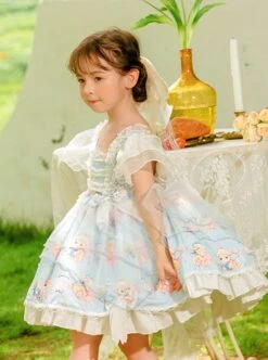 Summer Light Blue Princess Chiffon Lace Puff Sleeves Bowknot Bunny Print Sweet Lolita Kids Sleeveless Dress -NAUS Lolita Shop 4 500x672 1259