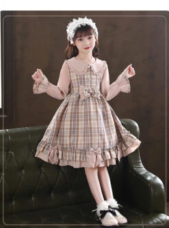 Doll Collar Bowknot Children School Lolita Kids Plaid Long Sleeve Dress -NAUS Lolita Shop 4 500x672 1261