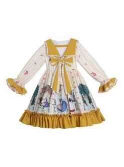 Retro Navy Style Collar Cute Bunny Printing Children Sweet Lolita Long Sleeve Dress -NAUS Lolita Shop 4 500x672 1262