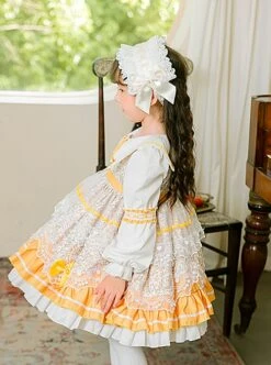 Yellow White Lapel Stitching Floral Lace Lantern Sleeve Princess Dress Autumn Classic Lolita Kids Long-Sleeved Dress -NAUS Lolita Shop 4 500x672 1267