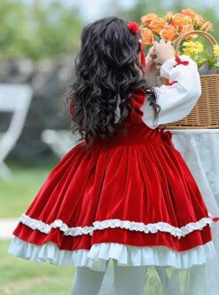 Chinese Style Stand-Up Collar Red Velvet Fake Two-Piece Stitching Lantern Sleeve Autumn Winter Classic Lolita Kids Long-Sleeved Dress -NAUS Lolita Shop 4 500x672 1276
