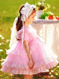 Pink Round Neck Tie Lace Fairy Ribbon Bow-Knot Sweet Lolita Kids Short-Sleeved Dress -NAUS Lolita Shop 4 500x672 1278