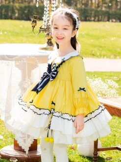 Cute Doll Collar Bowknot Hem Fur Ball Frenulum Stitching Lantern Sleeves Classic Lolita Kids Long-Sleeved Dress -NAUS Lolita Shop 4 500x672 1280