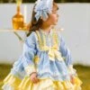 Yellow Blue White Color Matching Lantern Sleeves Ruffle Hem Bow-Knot Decoration Spring Autumn Princess Dress Classic Lolita Kids Long-Sleeved Dress
