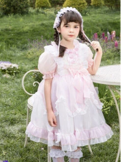 Cute Lotus Leaf Collar Pink Bow Decoration Double Pleated Hem Children Lolita Kids Puff Sleeve Dress -NAUS Lolita Shop 4 500x672 1286