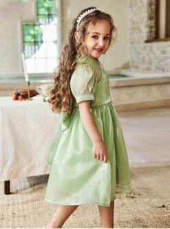 Solid Color Grass Green Streamer Yarn Cute Pleated Sweet Puff Sleeves Pearl Neckline Decoration Sweet Lolita Kids Dress -NAUS Lolita Shop 4 500x672 1289