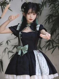 Orchid Pavilion Series Chinese Style Inky Green Calligraphy Words Print Sleeves Improved Cheongsam Classic Lolita Dress Bowknot Set -NAUS Lolita Shop 4 500x672 129