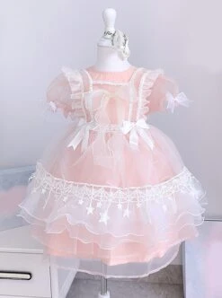 Pure Color Court Style Puff Sleeve Lace Stars Sweet Lolita Kids Short-Sleeved Dress