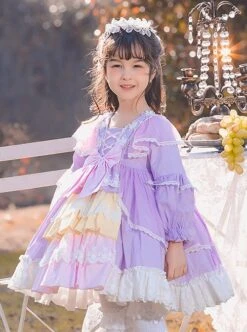 Colorful Multi-Layer Hem Design Lace Decoration Stitching Lantern Sleeves Sweet Lolita Kids Long-Sleeved Dress -NAUS Lolita Shop 4 500x672 1303