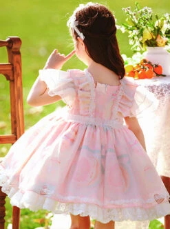 Cute Cartoon Pattern Print Pink Pleated Ruffle Chiffon Flying Sleeve Design Bow Knot Decoration Classic Lolita Kid Princess Dress -NAUS Lolita Shop 4 500x672 1306