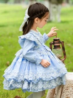 Blue Round Neck Love Polka Dot Lace Decoration Elegant Love Bow-Knot Decoration Design Sweet Lolita Kids Long Sleeve Dress -NAUS Lolita Shop 4 500x672 1307