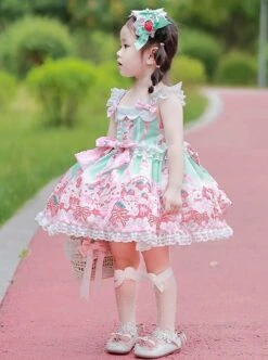 Pink Strawberry Cake Cute Rabbit Pattern Print Pleated Bow Lace Decoration Classic Lolita Kid Dress -NAUS Lolita Shop 4 500x672 1309