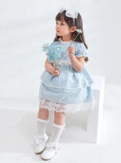Flower Cute Puff Sleeve Lace Double Layer Hem Polka Dot Short Sleeve Classic Lolita Kids Dress -NAUS Lolita Shop 4 500x672 1310