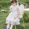 Blue Pink Pleated Lace Mesh Heart Shape Design Pleated Bow Knot Children Lolita Kids Short Sleeve Dress