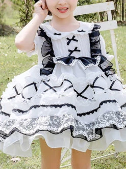 White Musical Note Lace Black Bowknot Children Sweet Lolita Doll Collar Short Sleeve Dress -NAUS Lolita Shop 4 500x672 1313