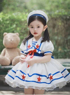 Small Navy Series Large Square Neckline Red Pentagram Decoration Bow Knot Children Lolita Kids White Short Sleeve Dress -NAUS Lolita Shop 4 500x672 1317