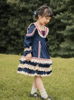 Miss Betty Series Vintage Court Style V-Neck Striped Ruffle Lace Red Ribbon Decorated Classic Lolita Kids Long Sleeve Dress -NAUS Lolita Shop 4 500x672 1318