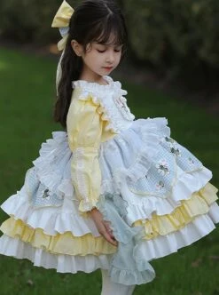Rabbit Embroidery Plaid Printing Yellow White Fresh Multi-Layer Hem Design Cute Classic Lolita Kids Long Sleeve Dress -NAUS Lolita Shop 4 500x672 1319