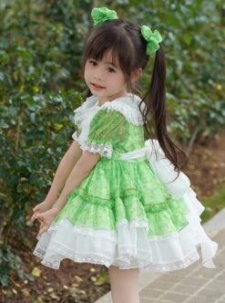 Spring Summer Round Neck Green Fresh Floral Lace Decoration Sweet Lolita Kids Short-Sleeved Dress -NAUS Lolita Shop 4 500x672 1322