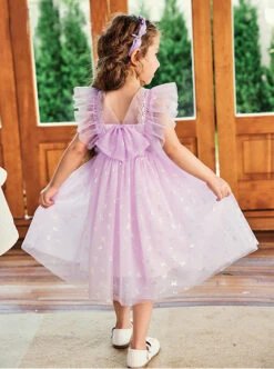 Purple Pleated Mesh Cute Sequins Bow Knots Print Decoration Flowers Children Lolita Kids Flying Sleeves Dress -NAUS Lolita Shop 4 500x672 1326