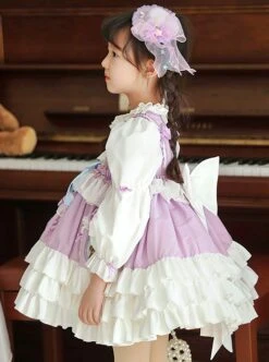 Spring Light Purple Bowknot Ruffles Cartoon Girl Kid Sweet Lolita Round Neck Puff Sleeves Princess Dress -NAUS Lolita Shop 4 500x672 1327
