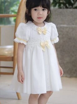Summer Princess Cute Daily Round Neck Yellow Bow Decoration Lace Embroidery Sweet Lolita Puff Sleeve Kids Dress -NAUS Lolita Shop 4 500x672 1331