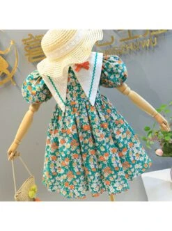 Color Floral Decoration White Triangular Lapel Design Cotton Classic Lolita Kid Short Sleeve Dress -NAUS Lolita Shop 4 500x672 1332