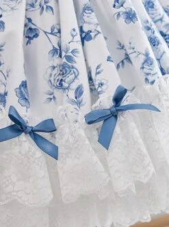 Blue Rose Flower Print Decoration Pleated Lace Jacquard Bow Hem White Doll Neckline Classic Lolita Kid Dress -NAUS Lolita Shop 4 500x672 1334