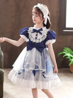 Ruffle Round Collar Bowknot Children Sweet Lolita Puff Sleeve Short Sleeve Dress -NAUS Lolita Shop 4 500x672 1338