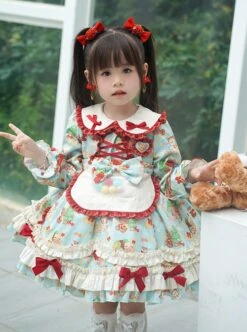Spring Autumn Doll Collar Christmas Little Bear Print Bowknot Small Colored Ball Apron Sweet Lolita Kids Long-Sleeved Dress -NAUS Lolita Shop 4 500x672 1341