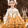 Orange Paneled Lace Bow Ruffled Multilayer Hem Classic Lolita Kids Long Sleeve Dress