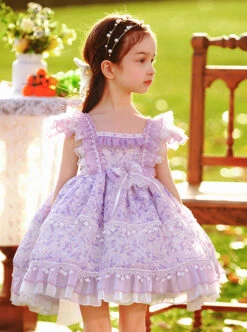 Classic Lolita Pleated Lace Bow Knot White Jacquard Lace Trim Purple Floral Kid Dress -NAUS Lolita Shop 4 500x672 1348
