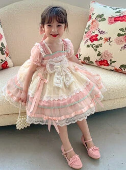 Cute Sweet Pleated Ruffled Lace Jacquard Big Bow Knot Design Classic Lolita Kid Dress -NAUS Lolita Shop 4 500x672 1358