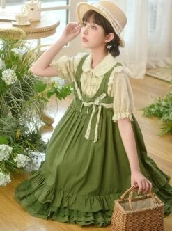 Forest Style Leaf Lace Ruffles Bowknot Sweet Retro Doll Classic Lolita Green Suspender Dress Short Sleeves Shirt Set