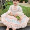 Cute Pink Floral Print Ruched Lace Ruffle Trim Pearl Bow Classic Lolita Long Sleeve Kid Dress