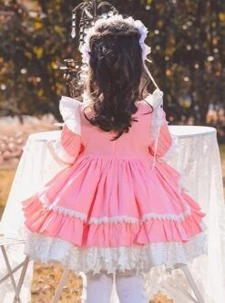 Pink White Sweet Round Neck Puff Sleeve Lace Bow-Knot Decoration Star Pendant Hem Design Sweet Lolita Kids Long Sleeve Dress -NAUS Lolita Shop 4 500x672 1362