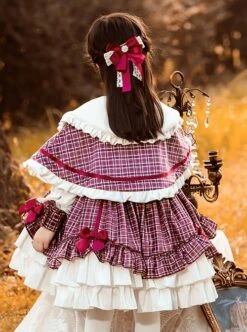 Purple Plaid Bear Embroidery Ruffle Irregular Hem Plush Large Collar Cloak Classic Lolita Kids Long Sleeve Dress Set -NAUS Lolita Shop 4 500x672 1368