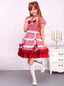 Cotton Red Plaid Ruffle Sweet Lolita Short Sleeve Dress -NAUS Lolita Shop 4 500x672 1380