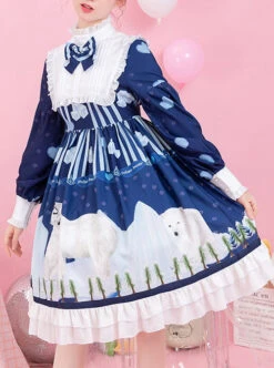 Ice Bear Island Series OP Bowknot Blue Classic Lolita Long Sleeve Dress -NAUS Lolita Shop 4 500x672 1389