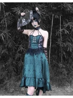 Lust Snake Series Jacquard Black Lace Halter Improve Cheongsam Gothic Sexy Blackish Green Drawstring Small A-line Hem Dress -NAUS Lolita Shop 4 500x672 1398