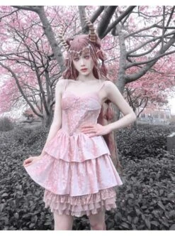 Cherry Nightmare Series Pink Velvet Jacquard Embroidery Metal Cross Design Double-Layer Pleated Lace Gothic Sexy Sling Dress -NAUS Lolita Shop 4 500x672 1405