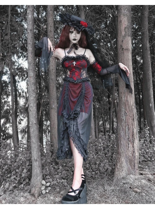 Night Visit Vampire Series Gothic Black Red Drawstring Christmas Lace Darkness Sling Dress With Hand Sleeves 5 Night Visit Vampire Series Gothic Black Red Drawstring Christmas Lace Darkness Sling Dress With Hand Sleeves - Image 5